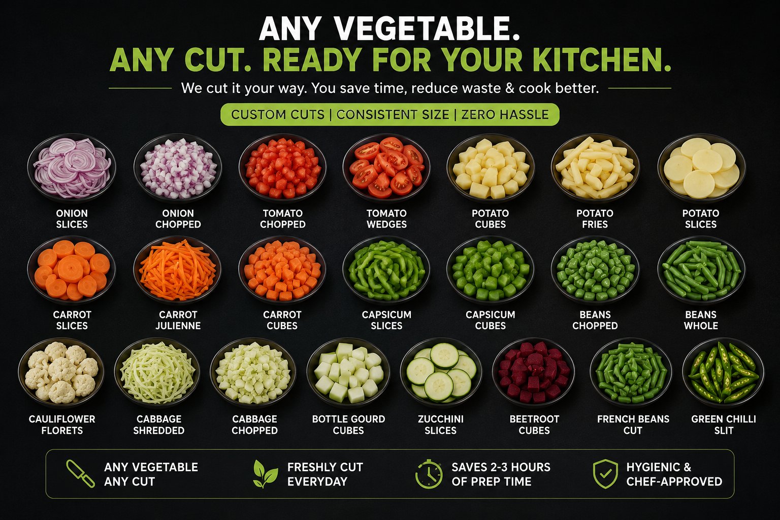 Any vegetable, any cut — custom cut vegetables ready for your kitchen